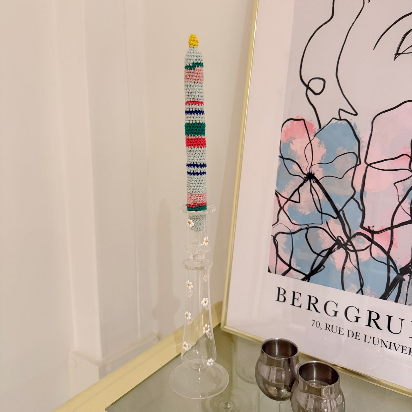 light blue crochet striped candle for decoration loopelle atelier