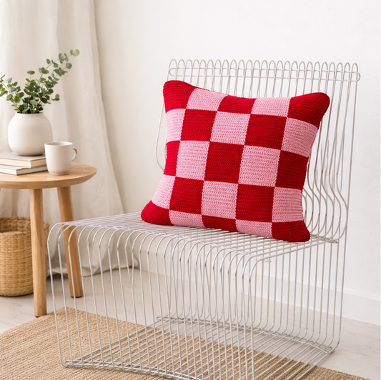 checkered pillow in pink and red for cozy home decor loopelle atelier