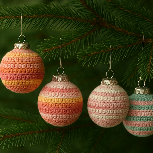 Crochet Christmas balls hanging on a christmas tree loopelle atelier