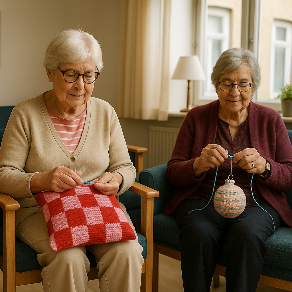 Two elderly women sitting and working on chrochet pillow and christmas ball 