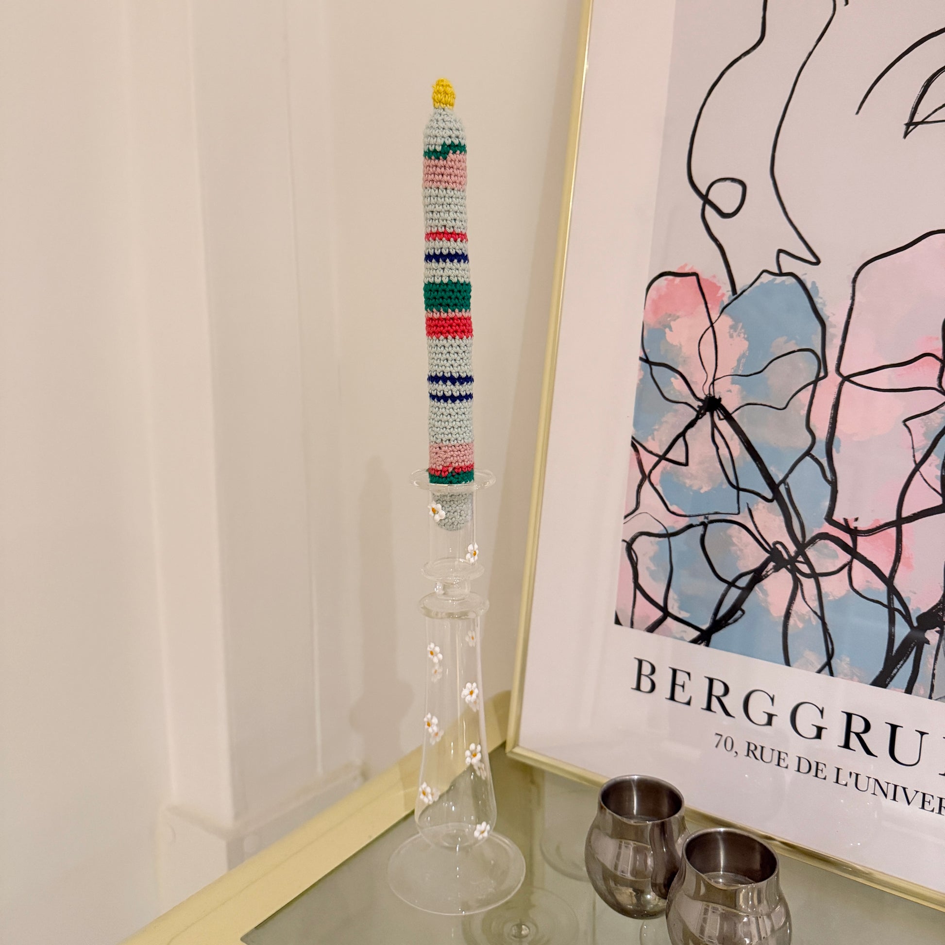 light blue crochet striped candle for decoration loopelle atelier 