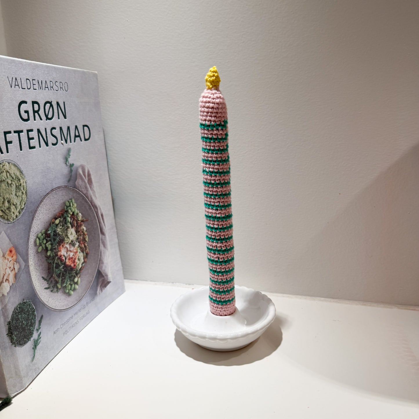 pink and green crochet striped candle for decoration loopelle atelier 