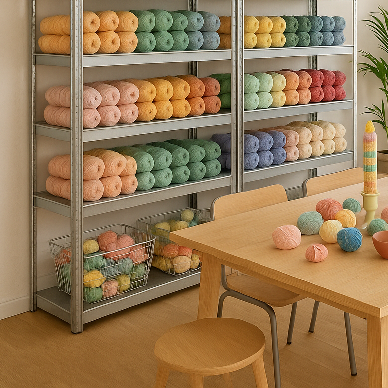 Colorful left over yarn on shelves with a table and chairs in a room setting