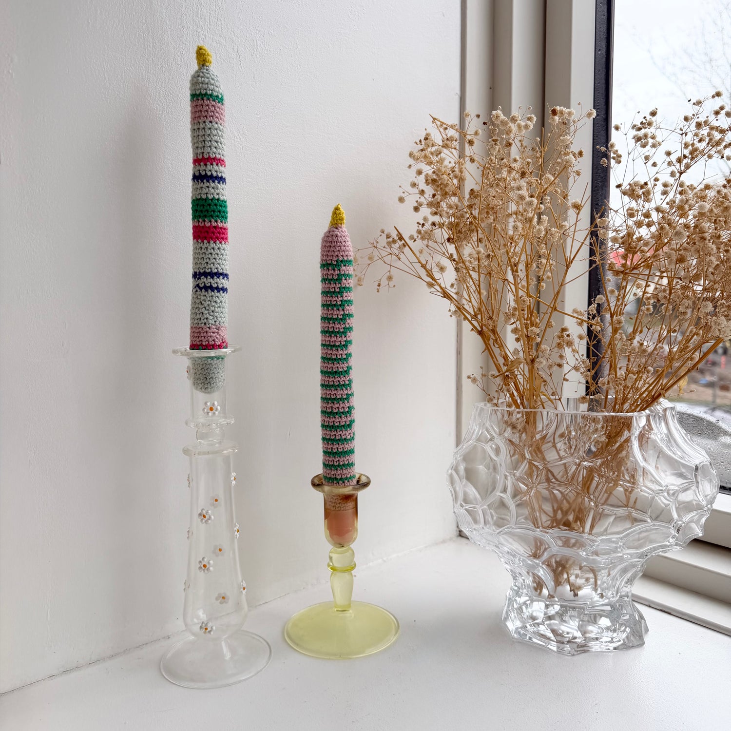 two crochet striped candles for decoration loopelle atelier